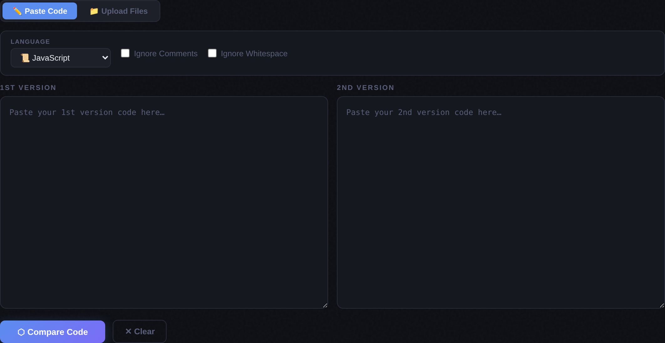 Screenshot of the Code Compare tool with language selector and ignore options