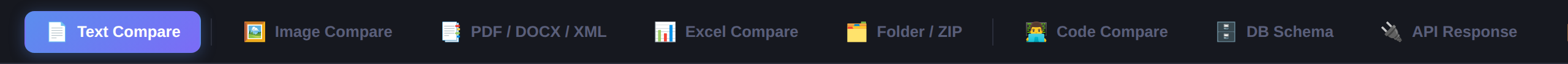 Screenshot of the Compares-Text tool navigation bar showing all comparison tools